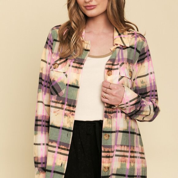 MYSTREE Plaid Button Down Shirt, Multicolor Pink Purple Green Oversized Shirt - Picture 2 of 7